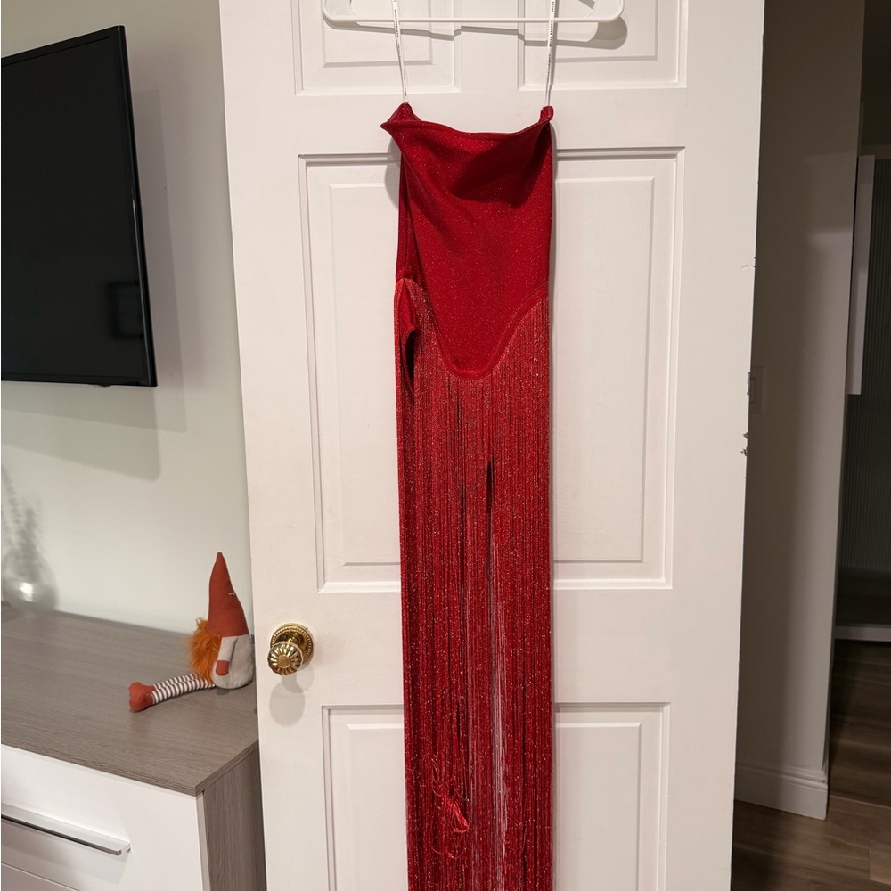 Chic Scarlet Maxi Dress with Fringe Detail